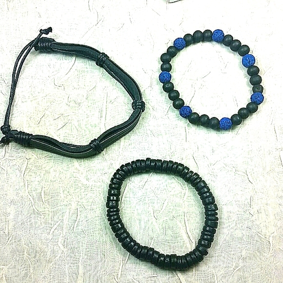 Bracelets Men's set of 3 bundle stackable black leather blue lava rock wood bead - Picture 2 of 6